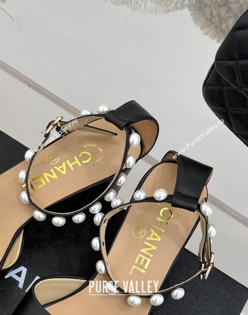 Chanel Lambskin Heel Sandals with Pearls Ankle Strap Black 2025 CH030506 (KL-250305036)