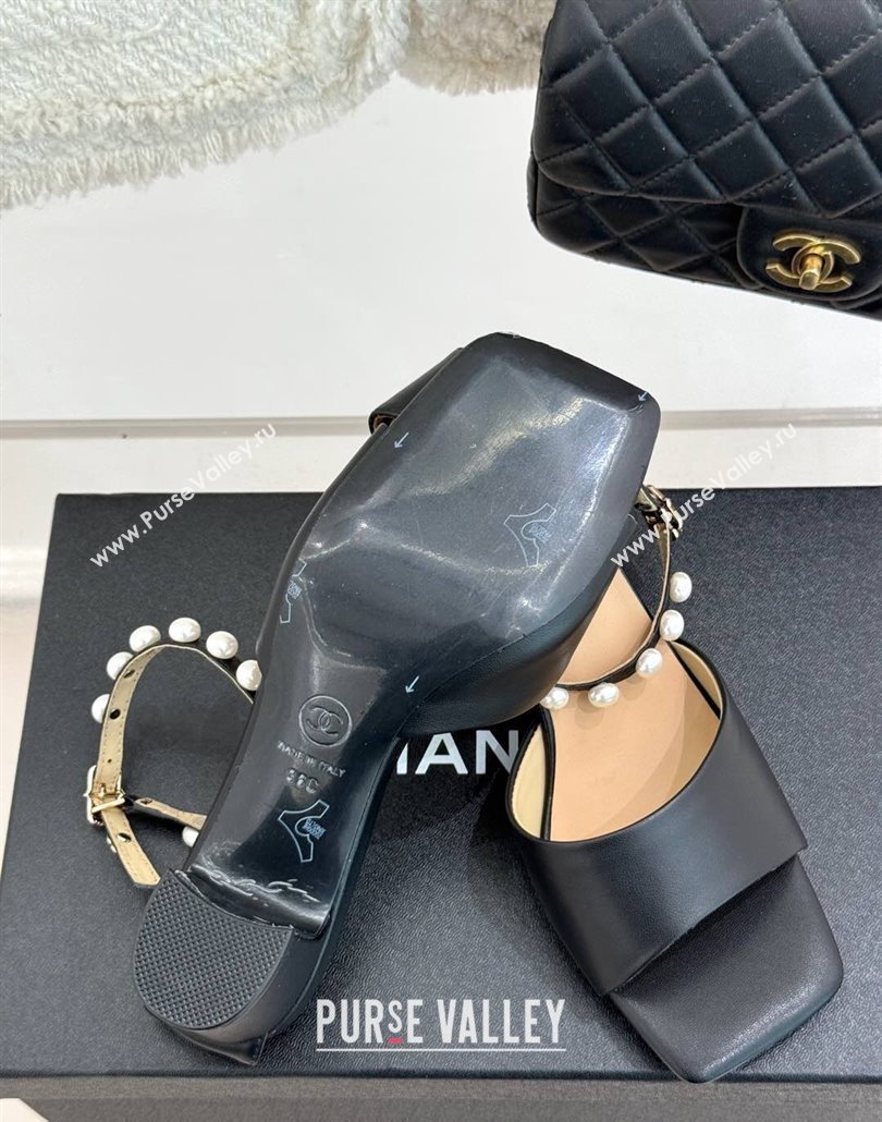 Chanel Lambskin Heel Sandals with Pearls Ankle Strap Black 2025 CH030506 (KL-250305036)