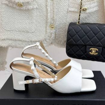 Chanel Lambskin Heel Sandals with Pearls Ankle Strap White 2025 CH030506 (KL-250305037)