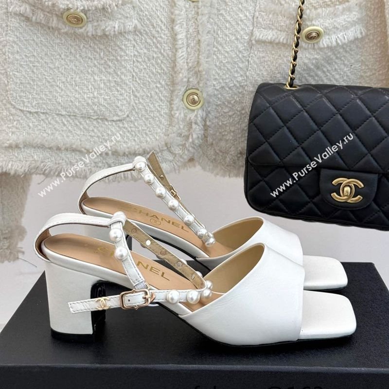 Chanel Lambskin Heel Sandals with Pearls Ankle Strap White 2025 CH030506 (KL-250305037)