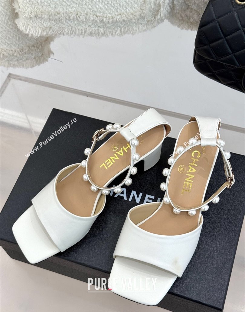 Chanel Lambskin Heel Sandals with Pearls Ankle Strap White 2025 CH030506 (KL-250305037)