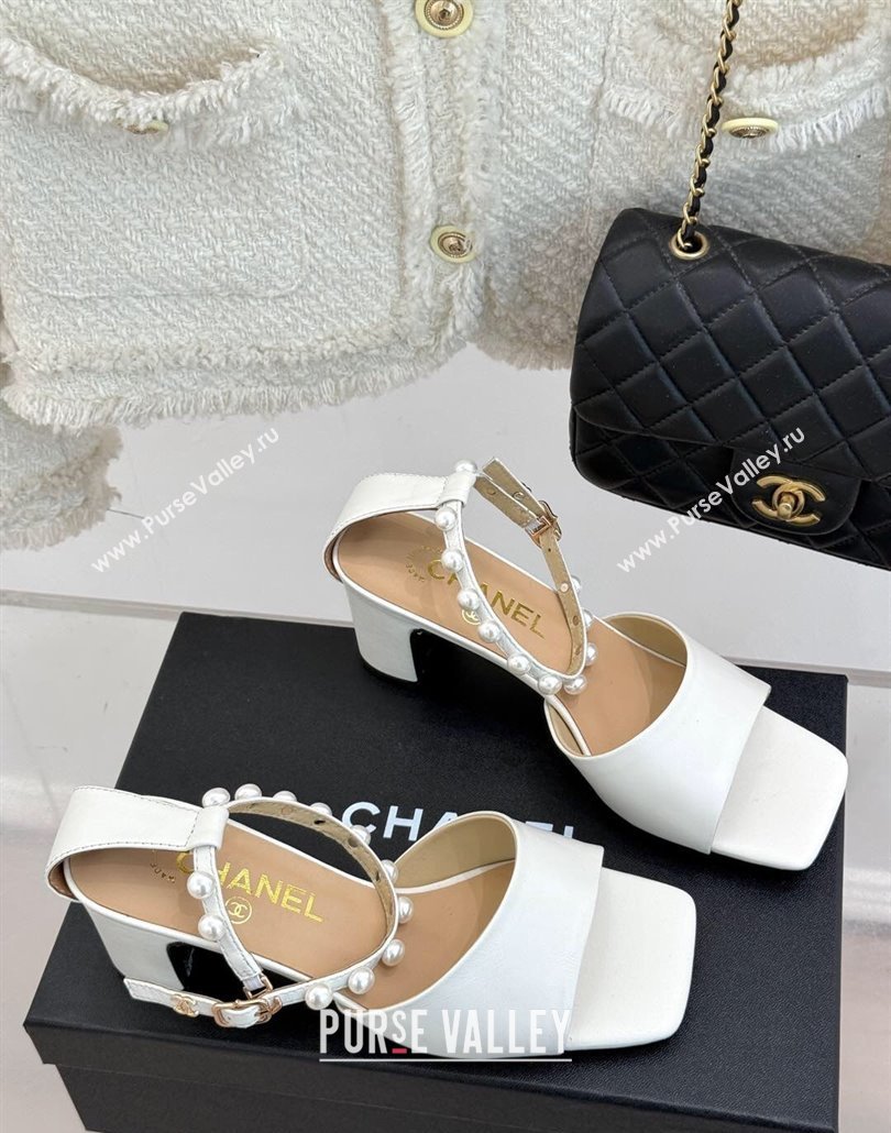 Chanel Lambskin Heel Sandals with Pearls Ankle Strap White 2025 CH030506 (KL-250305037)