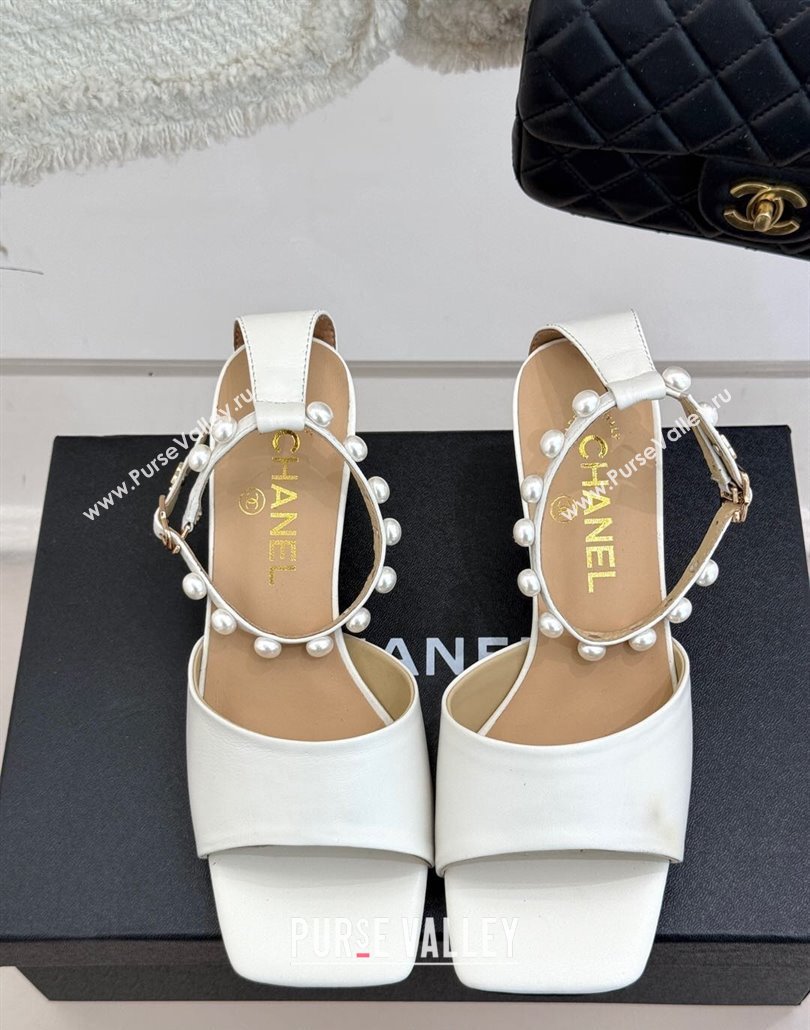 Chanel Lambskin Heel Sandals with Pearls Ankle Strap White 2025 CH030506 (KL-250305037)