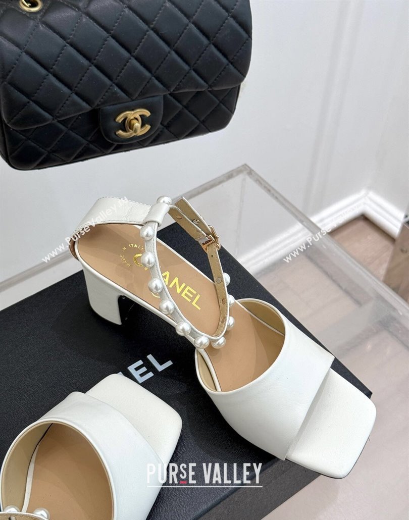 Chanel Lambskin Heel Sandals with Pearls Ankle Strap White 2025 CH030506 (KL-250305037)