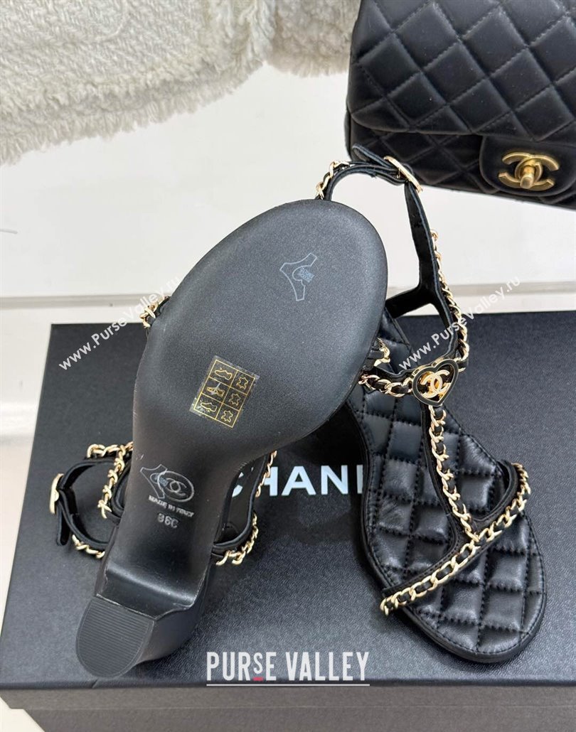 Chanel Lambskin Heel Sandals 8.5cm with Chain and Heart G46109 Black 2025 (KL-250304033)