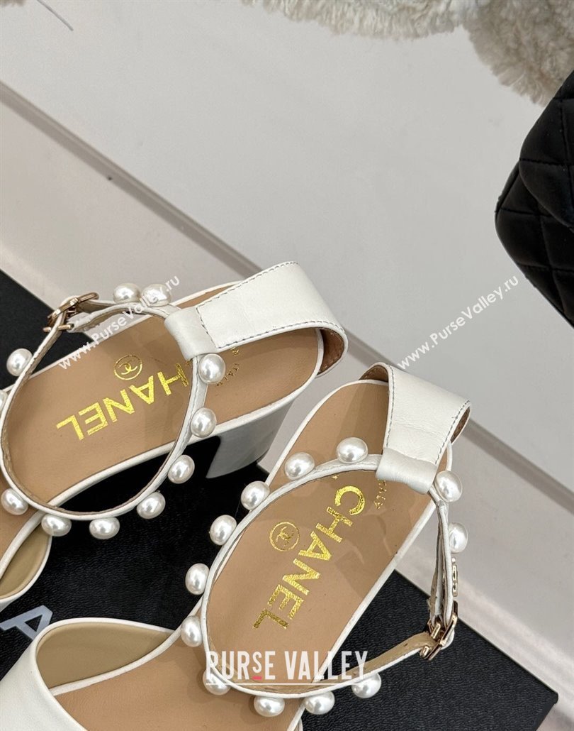 Chanel Lambskin Heel Sandals with Pearls Ankle Strap White 2025 CH030506 (KL-250305037)