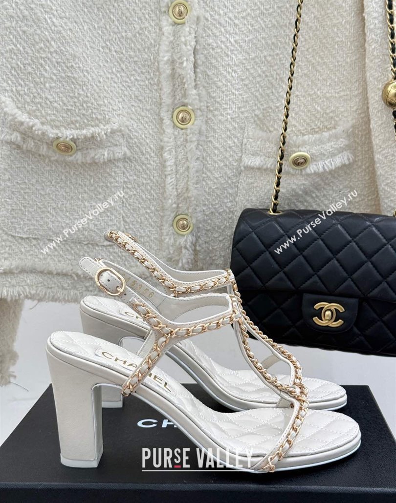 Chanel Lambskin Heel Sandals 8.5cm with Chain and Heart G46109 White 2025 (KL-250304034)