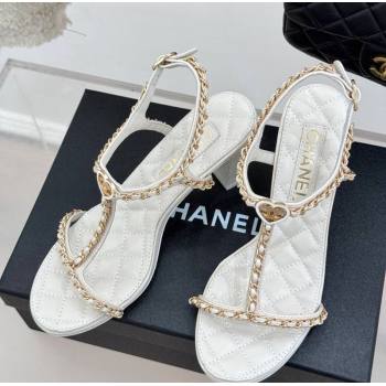 Chanel Lambskin Heel Sandals 8.5cm with Chain and Heart G46109 White 2025 (KL-250304034)