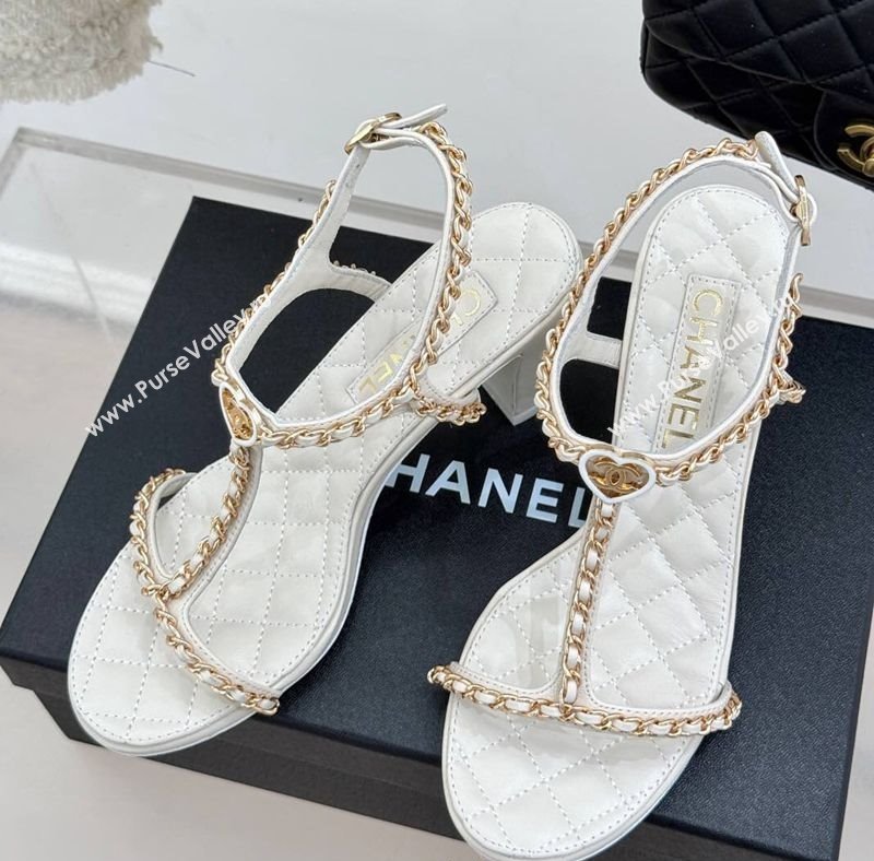 Chanel Lambskin Heel Sandals 8.5cm with Chain and Heart G46109 White 2025 (KL-250304034)