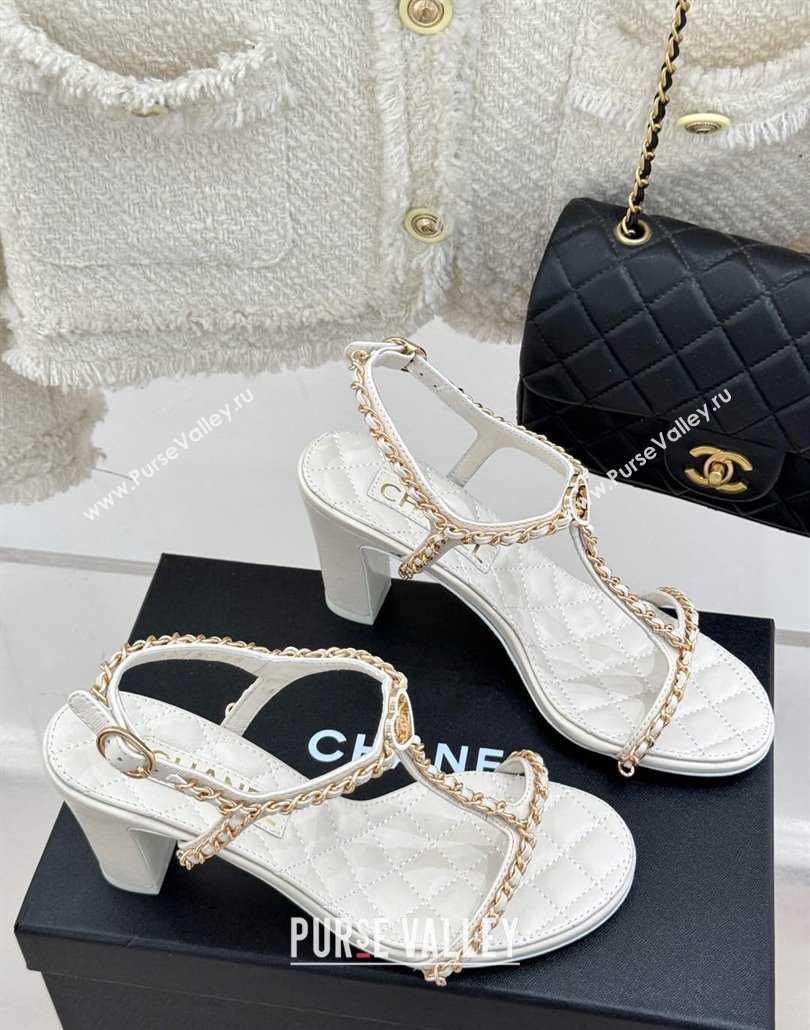 Chanel Lambskin Heel Sandals 8.5cm with Chain and Heart G46109 White 2025 (KL-250304034)