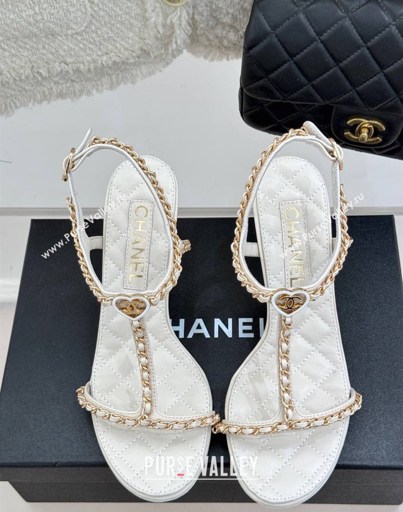 Chanel Lambskin Heel Sandals 8.5cm with Chain and Heart G46109 White 2025 (KL-250304034)