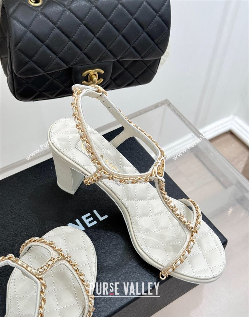 Chanel Lambskin Heel Sandals 8.5cm with Chain and Heart G46109 White 2025 (KL-250304034)