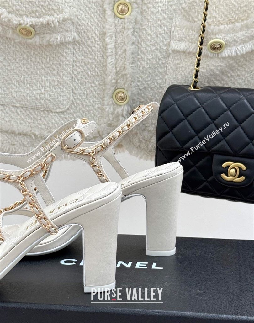 Chanel Lambskin Heel Sandals 8.5cm with Chain and Heart G46109 White 2025 (KL-250304034)