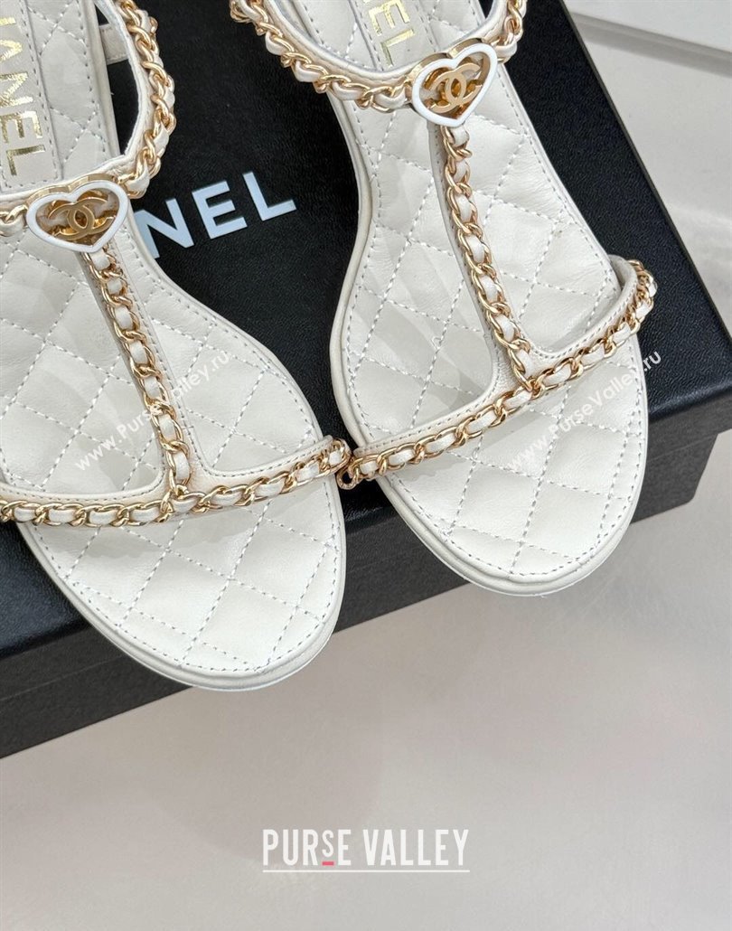 Chanel Lambskin Heel Sandals 8.5cm with Chain and Heart G46109 White 2025 (KL-250304034)