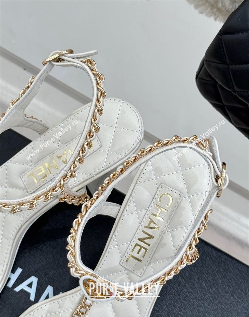 Chanel Lambskin Heel Sandals 8.5cm with Chain and Heart G46109 White 2025 (KL-250304034)