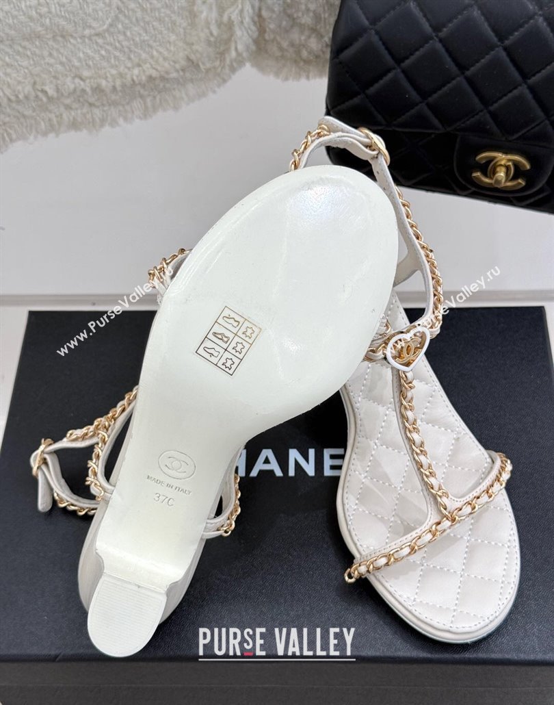 Chanel Lambskin Heel Sandals 8.5cm with Chain and Heart G46109 White 2025 (KL-250304034)
