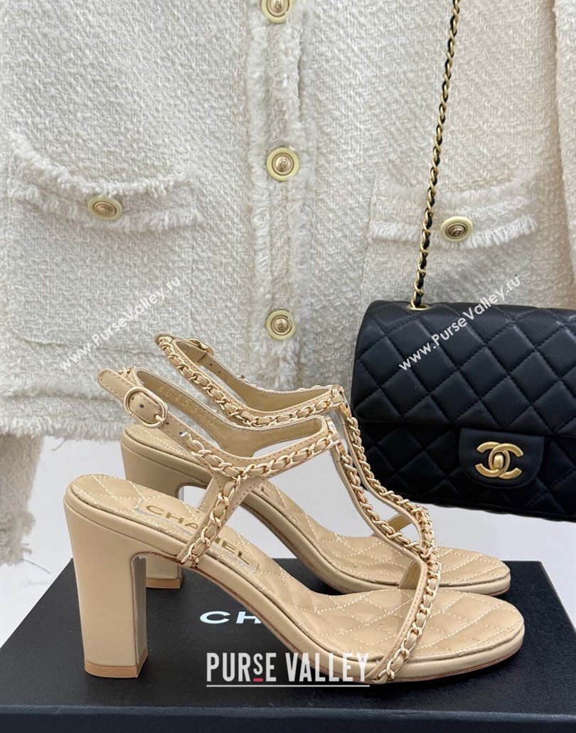 Chanel Lambskin Heel Sandals 8.5cm with Chain and Heart G46109 Beige 2025 (KL-250304035)