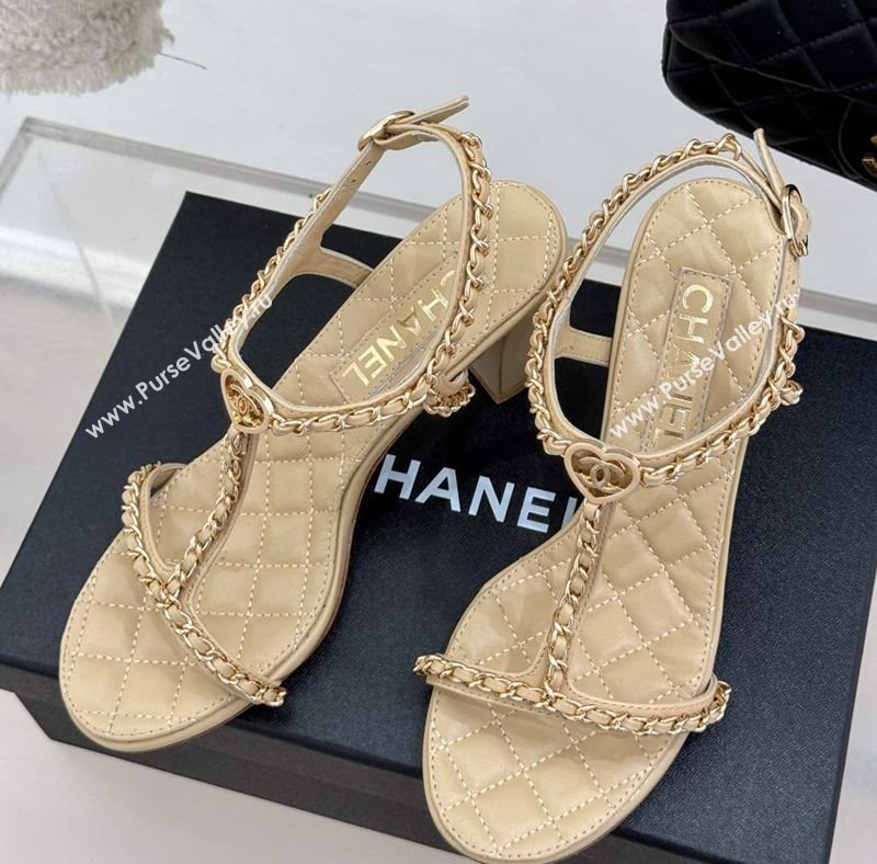 Chanel Lambskin Heel Sandals 8.5cm with Chain and Heart G46109 Beige 2025 (KL-250304035)