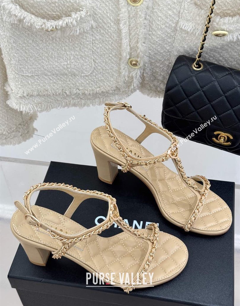 Chanel Lambskin Heel Sandals 8.5cm with Chain and Heart G46109 Beige 2025 (KL-250304035)