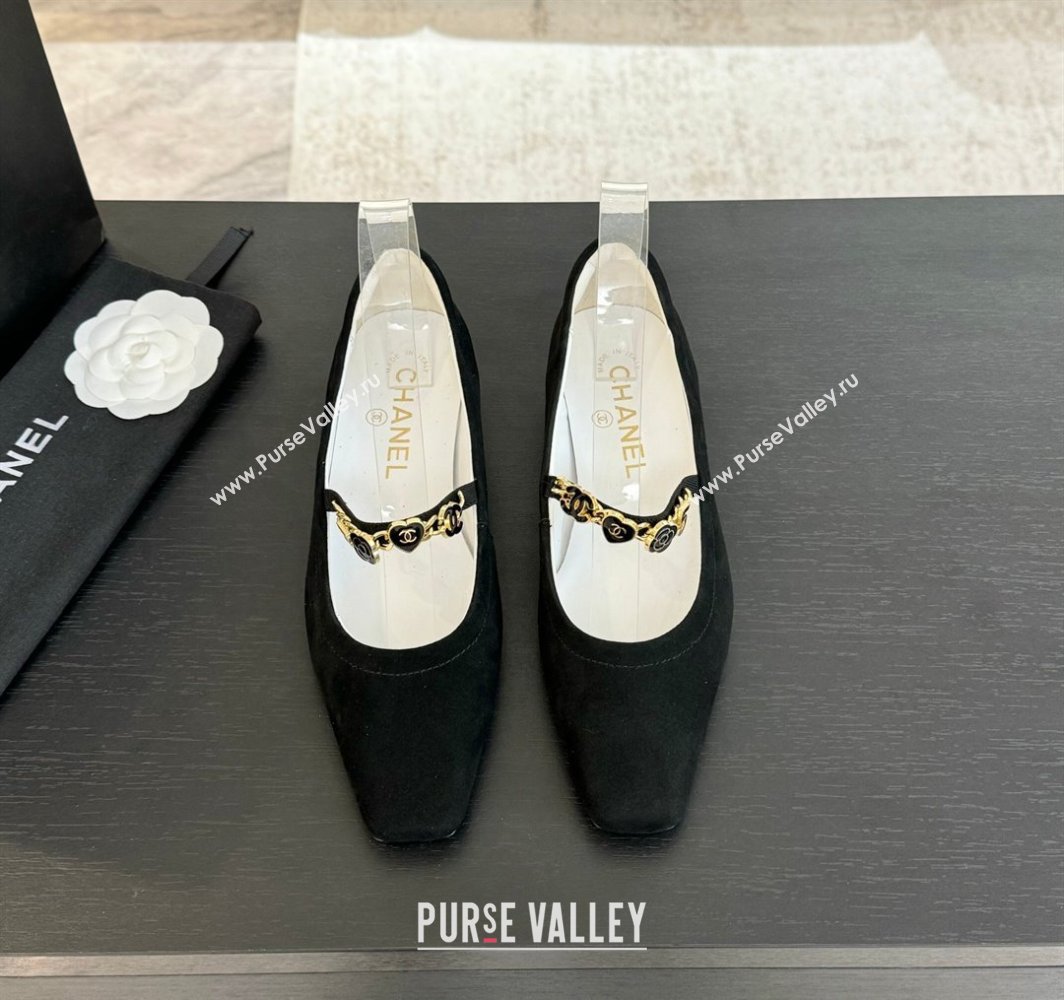 Chanel Suede Mary Janes Ballet Flats with Heart Chain Black 2025 CH030328 (KL-250303166)
