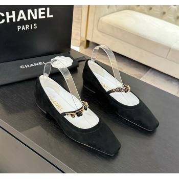 Chanel Suede Mary Janes Ballet Flats with Heart Chain Black 2025 CH030328 (KL-250303166)