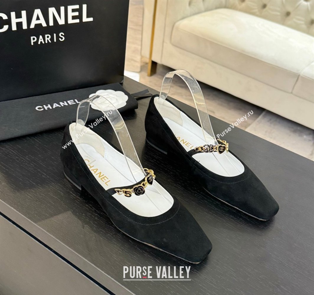 Chanel Suede Mary Janes Ballet Flats with Heart Chain Black 2025 CH030328 (KL-250303166)