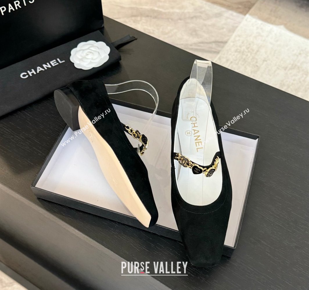 Chanel Suede Mary Janes Ballet Flats with Heart Chain Black 2025 CH030328 (KL-250303166)