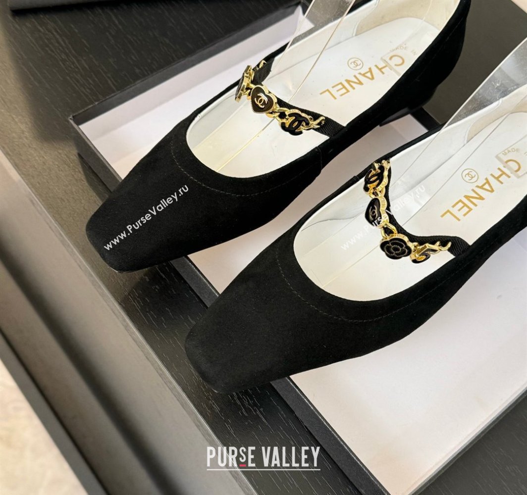 Chanel Suede Mary Janes Ballet Flats with Heart Chain Black 2025 CH030328 (KL-250303166)