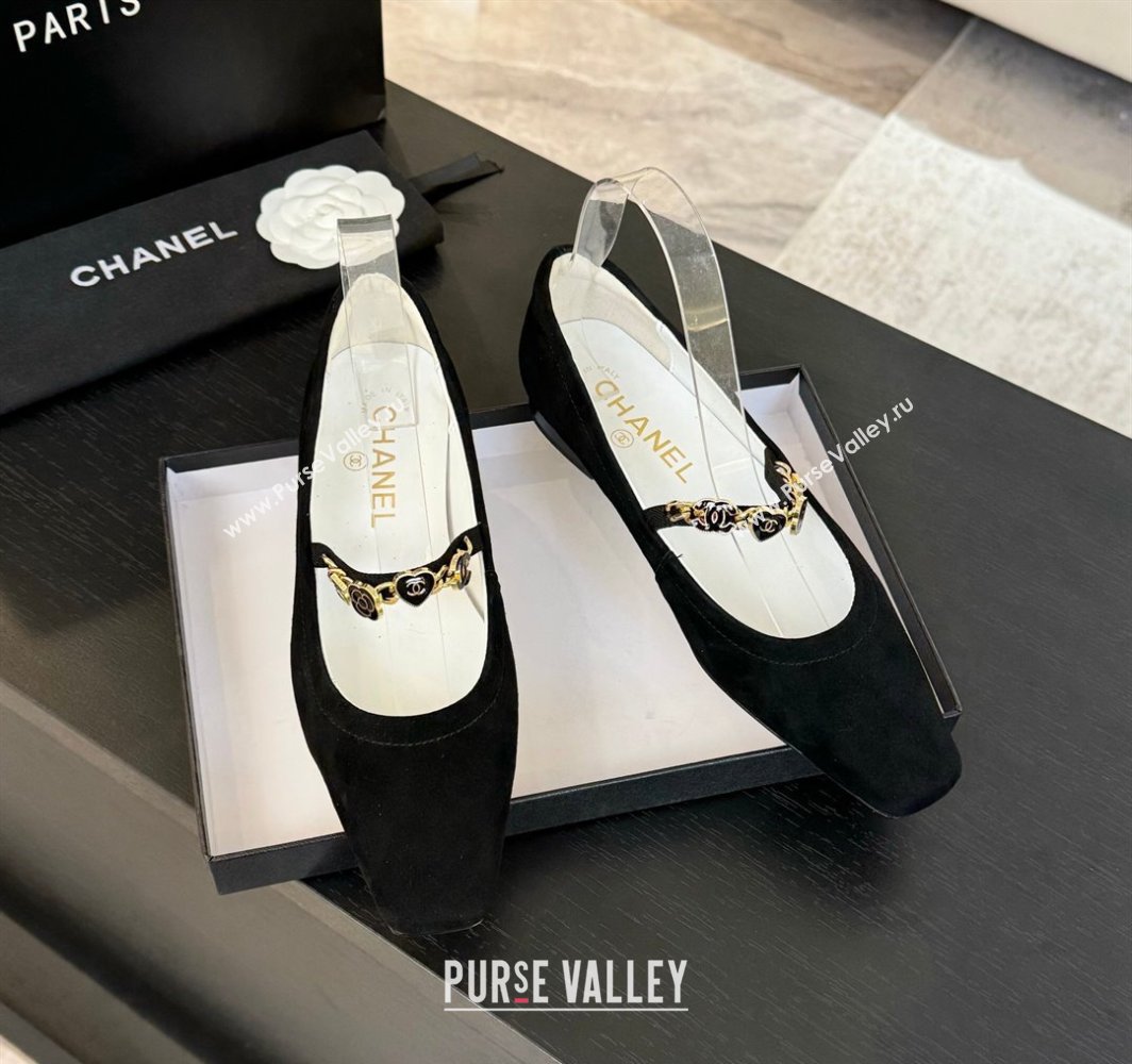 Chanel Suede Mary Janes Ballet Flats with Heart Chain Black 2025 CH030328 (KL-250303166)