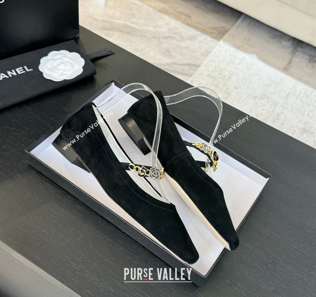 Chanel Suede Mary Janes Ballet Flats with Heart Chain Black 2025 CH030328 (KL-250303166)