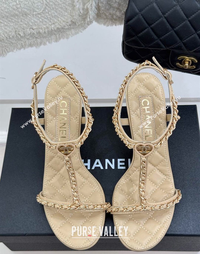 Chanel Lambskin Heel Sandals 8.5cm with Chain and Heart G46109 Beige 2025 (KL-250304035)