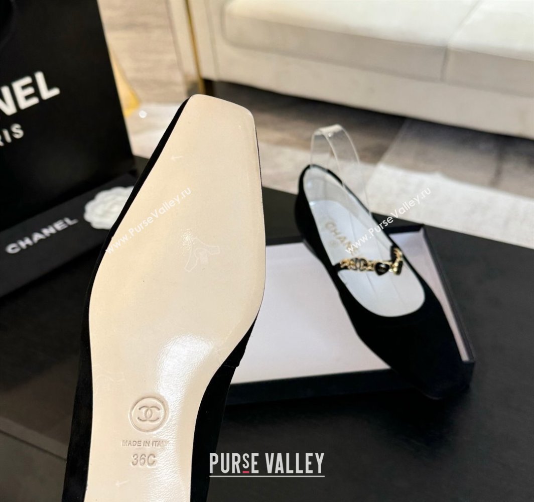 Chanel Suede Mary Janes Ballet Flats with Heart Chain Black 2025 CH030328 (KL-250303166)