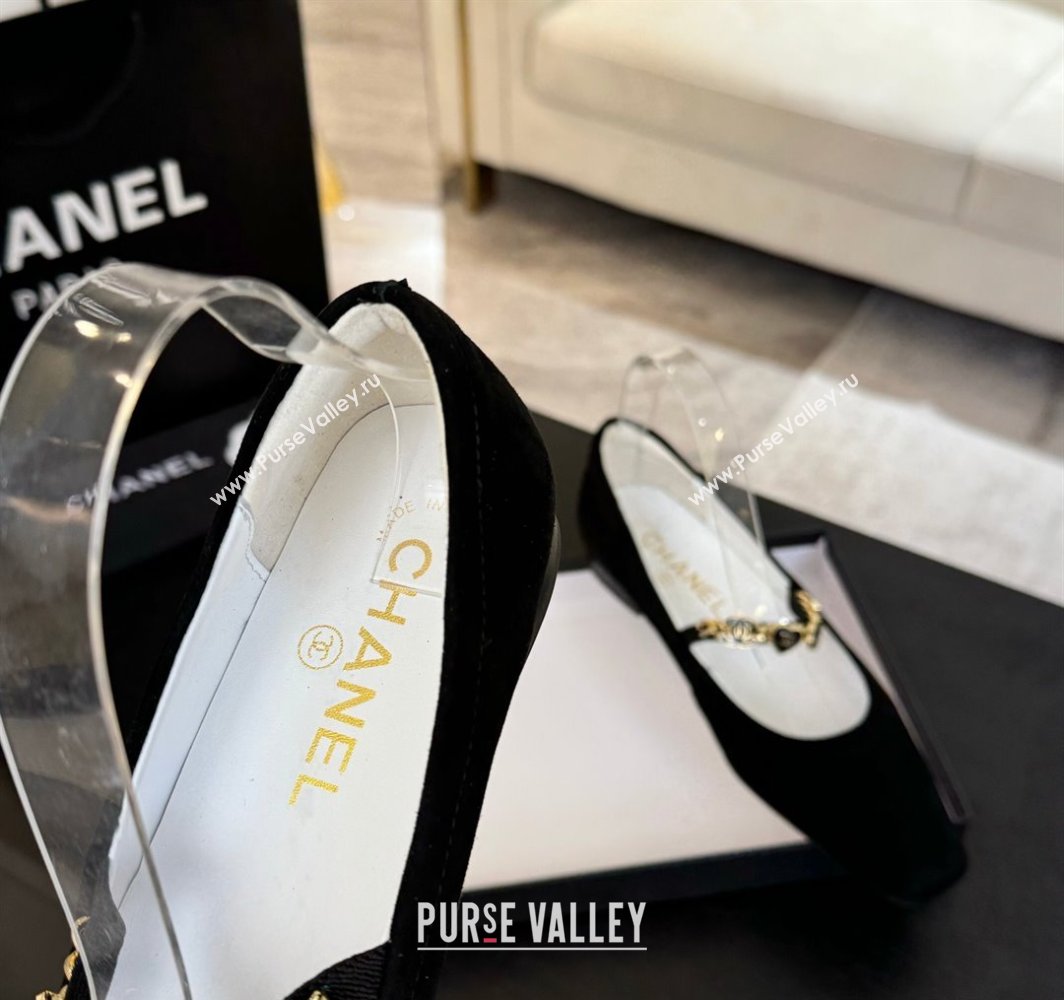 Chanel Suede Mary Janes Ballet Flats with Heart Chain Black 2025 CH030328 (KL-250303166)