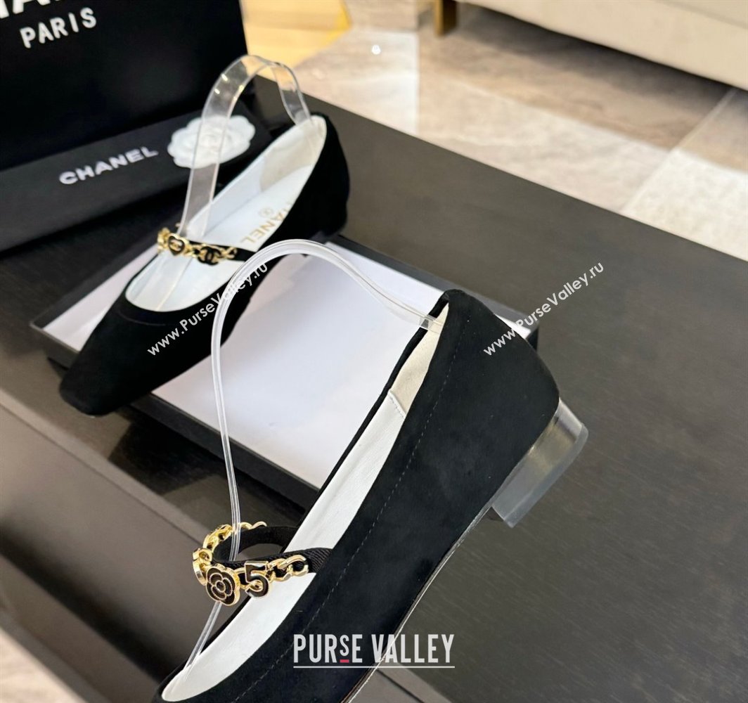 Chanel Suede Mary Janes Ballet Flats with Heart Chain Black 2025 CH030328 (KL-250303166)