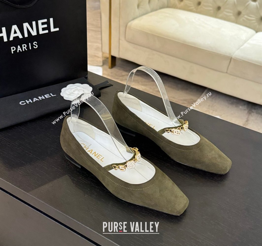 Chanel Suede Mary Janes Ballet Flats with Heart Chain Green 2025 CH030328 (KL-250303167)