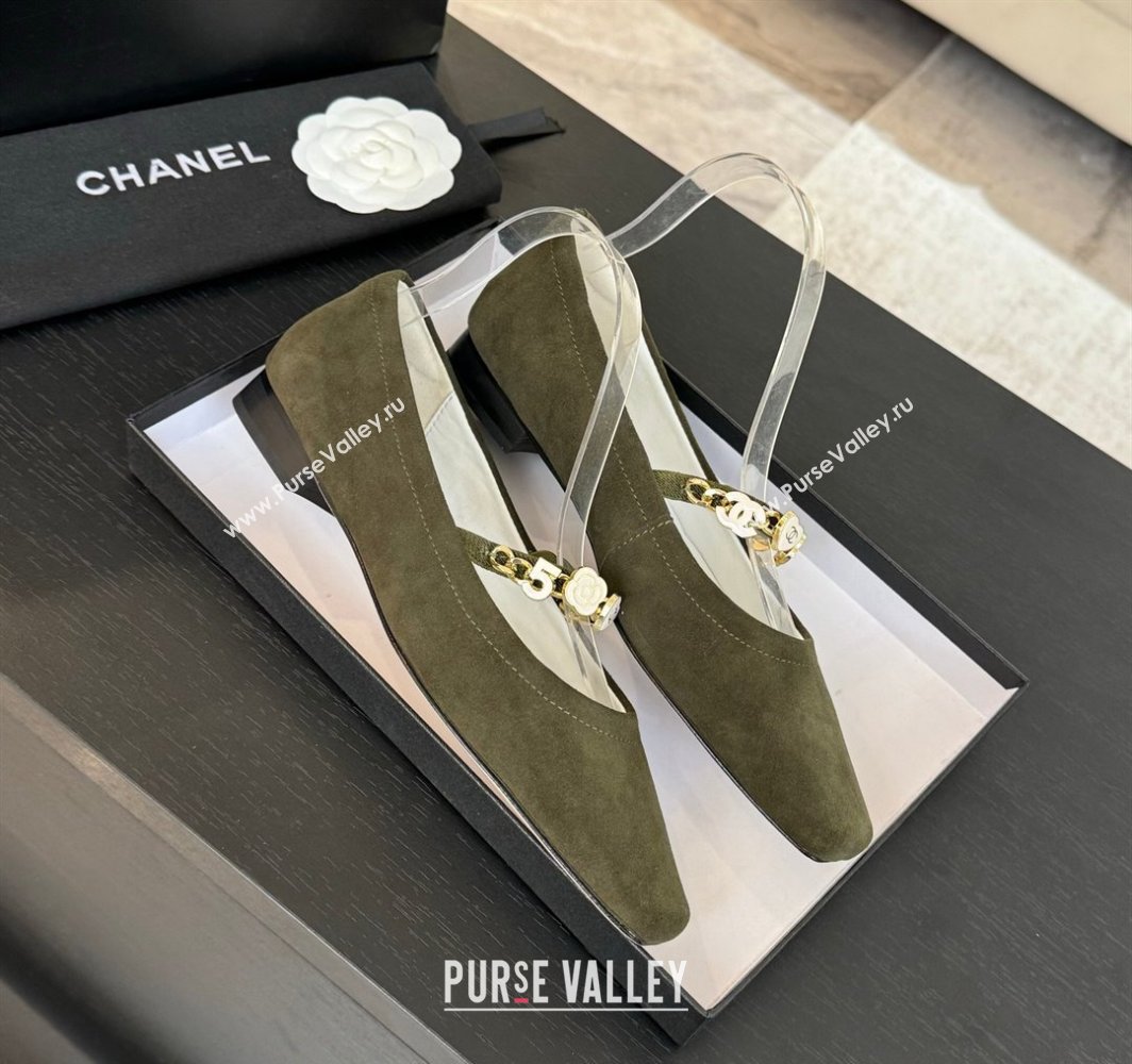 Chanel Suede Mary Janes Ballet Flats with Heart Chain Green 2025 CH030328 (KL-250303167)