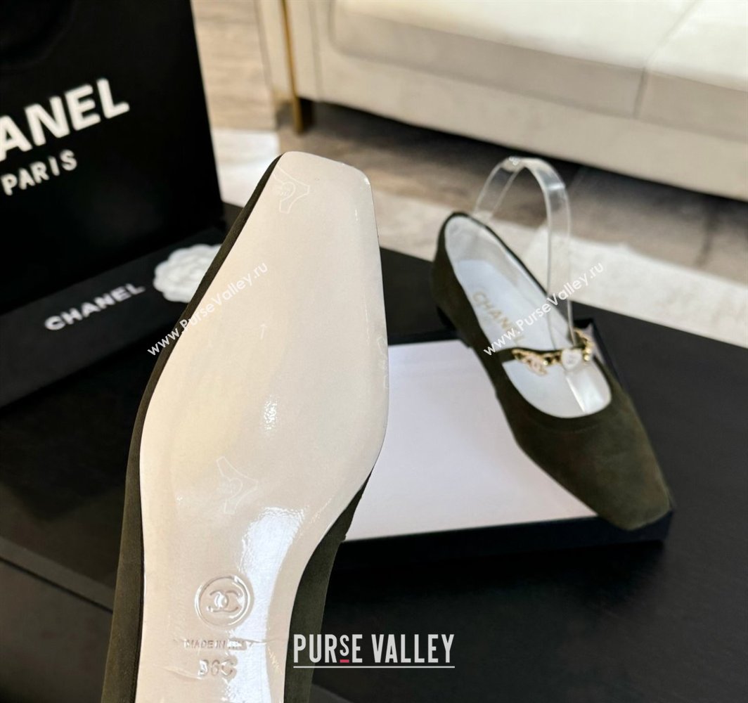 Chanel Suede Mary Janes Ballet Flats with Heart Chain Green 2025 CH030328 (KL-250303167)