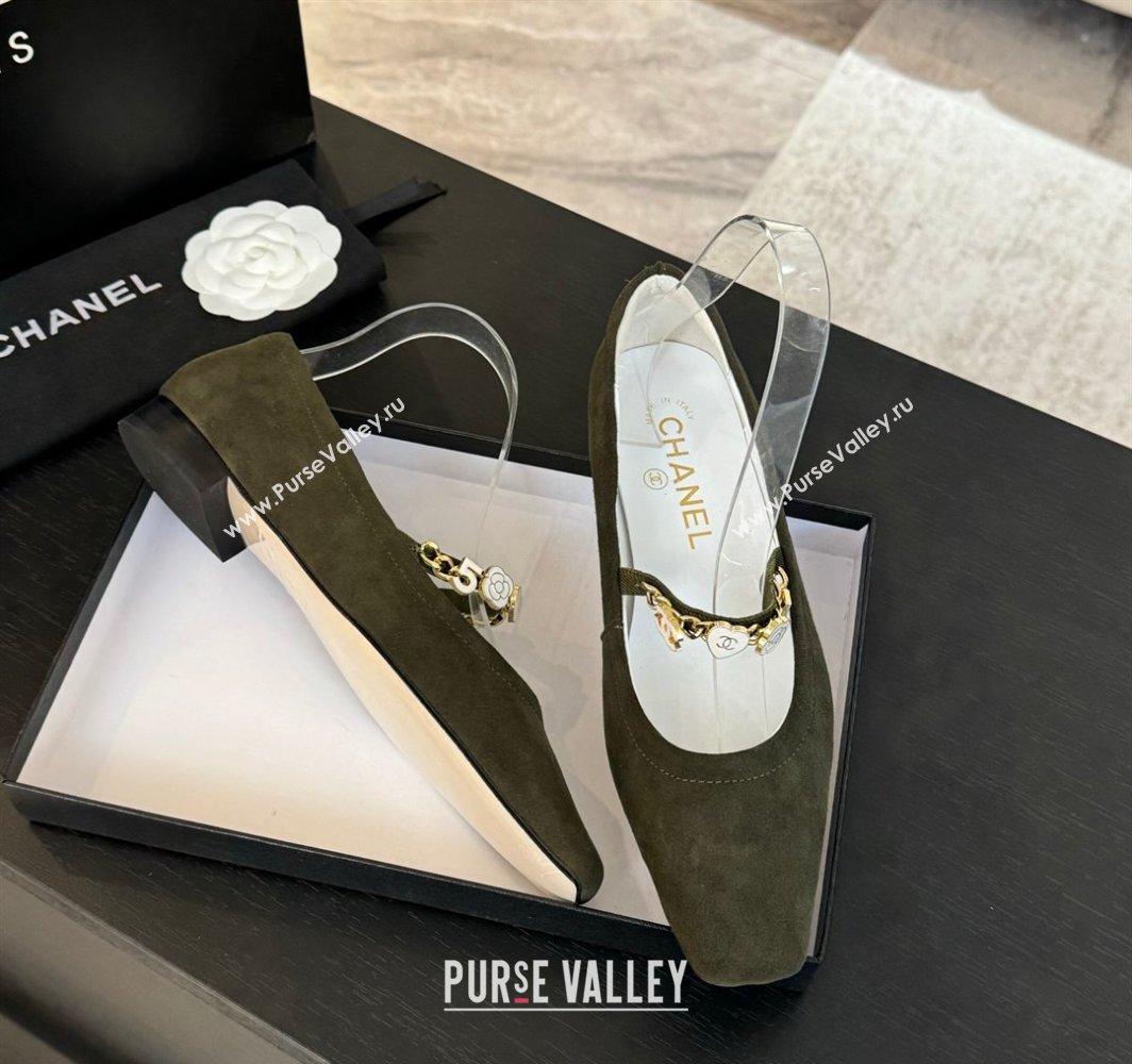Chanel Suede Mary Janes Ballet Flats with Heart Chain Green 2025 CH030328 (KL-250303167)