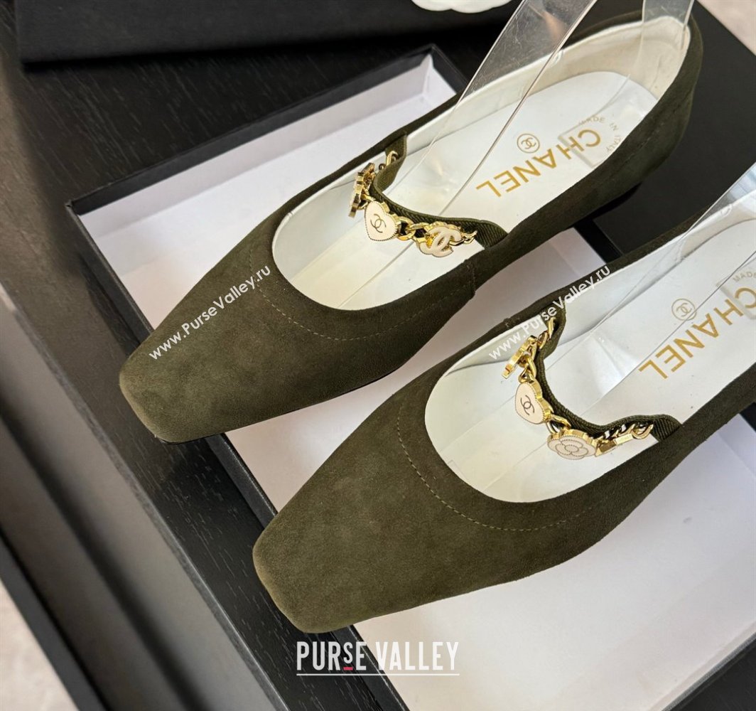 Chanel Suede Mary Janes Ballet Flats with Heart Chain Green 2025 CH030328 (KL-250303167)