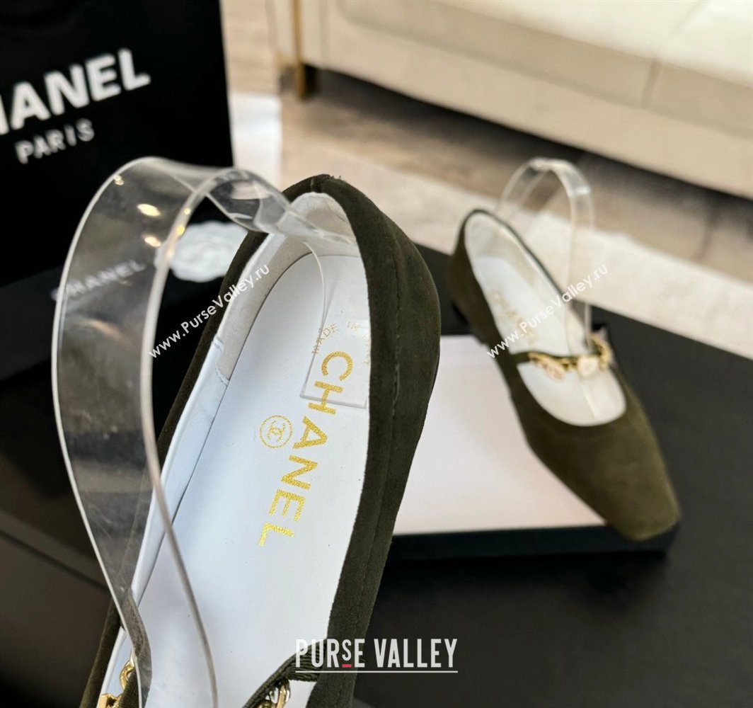 Chanel Suede Mary Janes Ballet Flats with Heart Chain Green 2025 CH030328 (KL-250303167)