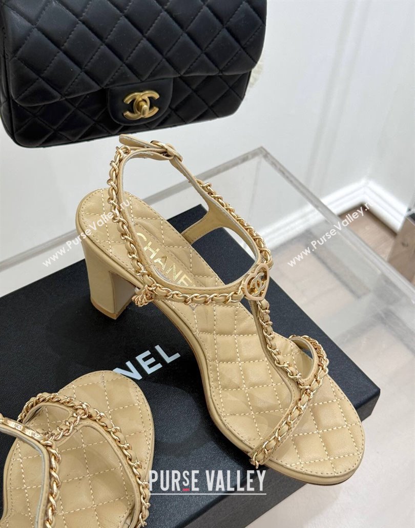 Chanel Lambskin Heel Sandals 8.5cm with Chain and Heart G46109 Beige 2025 (KL-250304035)