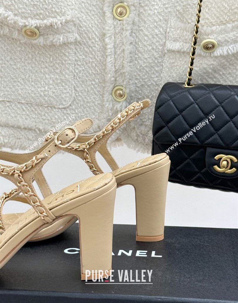 Chanel Lambskin Heel Sandals 8.5cm with Chain and Heart G46109 Beige 2025 (KL-250304035)