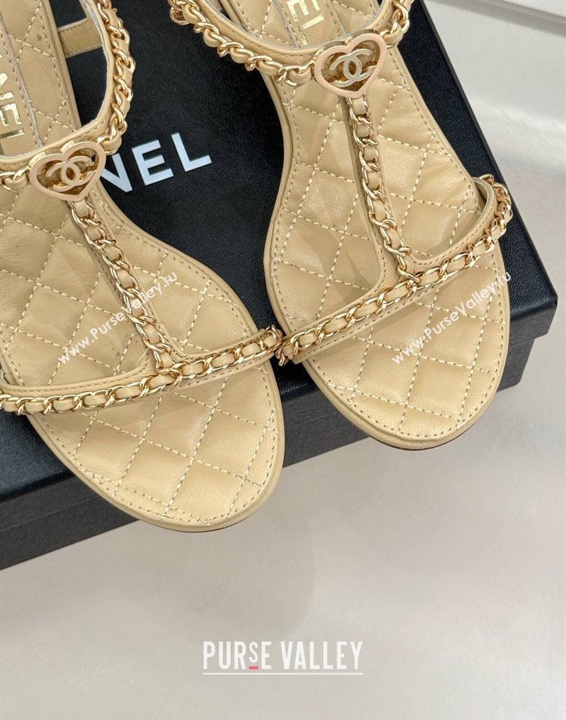 Chanel Lambskin Heel Sandals 8.5cm with Chain and Heart G46109 Beige 2025 (KL-250304035)