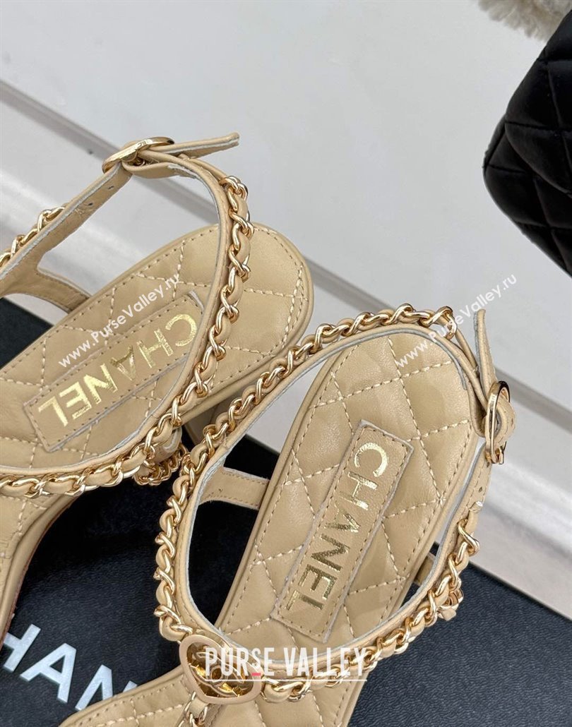 Chanel Lambskin Heel Sandals 8.5cm with Chain and Heart G46109 Beige 2025 (KL-250304035)