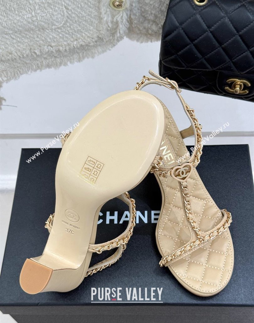 Chanel Lambskin Heel Sandals 8.5cm with Chain and Heart G46109 Beige 2025 (KL-250304035)