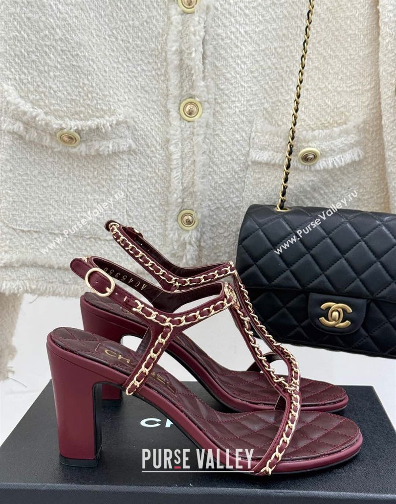 Chanel Lambskin Heel Sandals 8.5cm with Chain and Heart G46109 Dark Burgundy 2025 (KL-250304036)