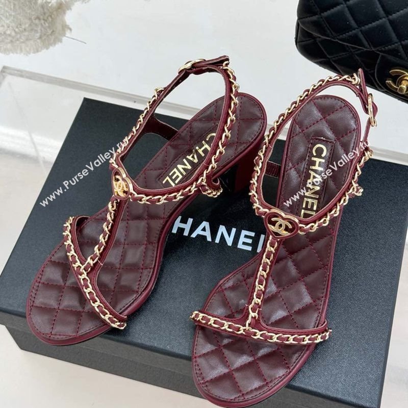 Chanel Lambskin Heel Sandals 8.5cm with Chain and Heart G46109 Dark Burgundy 2025 (KL-250304036)