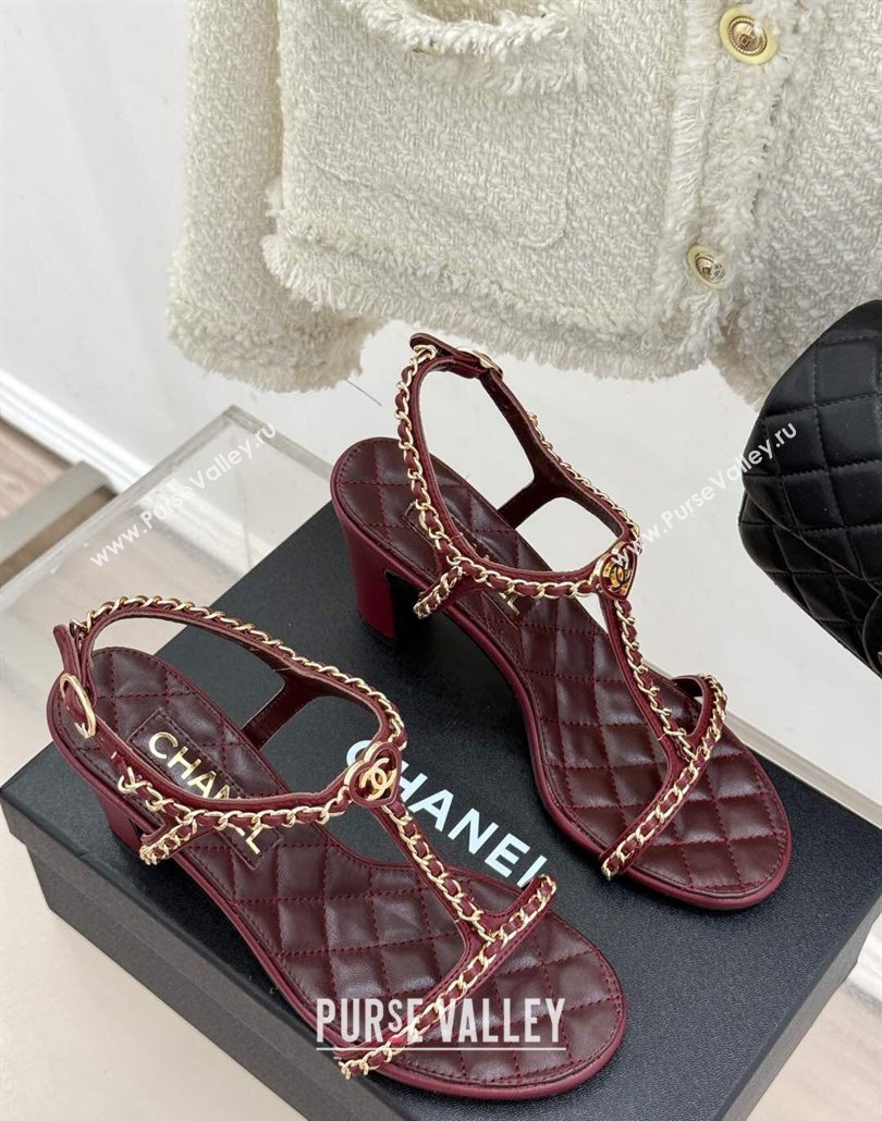 Chanel Lambskin Heel Sandals 8.5cm with Chain and Heart G46109 Dark Burgundy 2025 (KL-250304036)