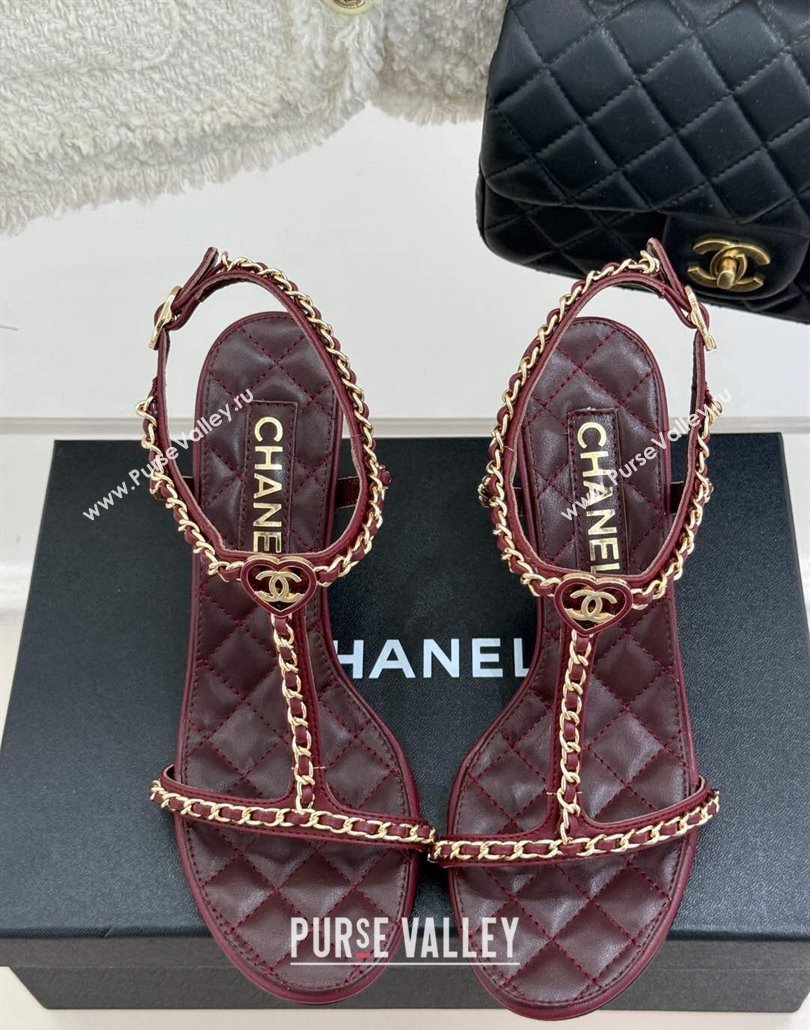 Chanel Lambskin Heel Sandals 8.5cm with Chain and Heart G46109 Dark Burgundy 2025 (KL-250304036)