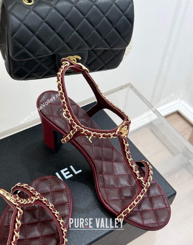 Chanel Lambskin Heel Sandals 8.5cm with Chain and Heart G46109 Dark Burgundy 2025 (KL-250304036)